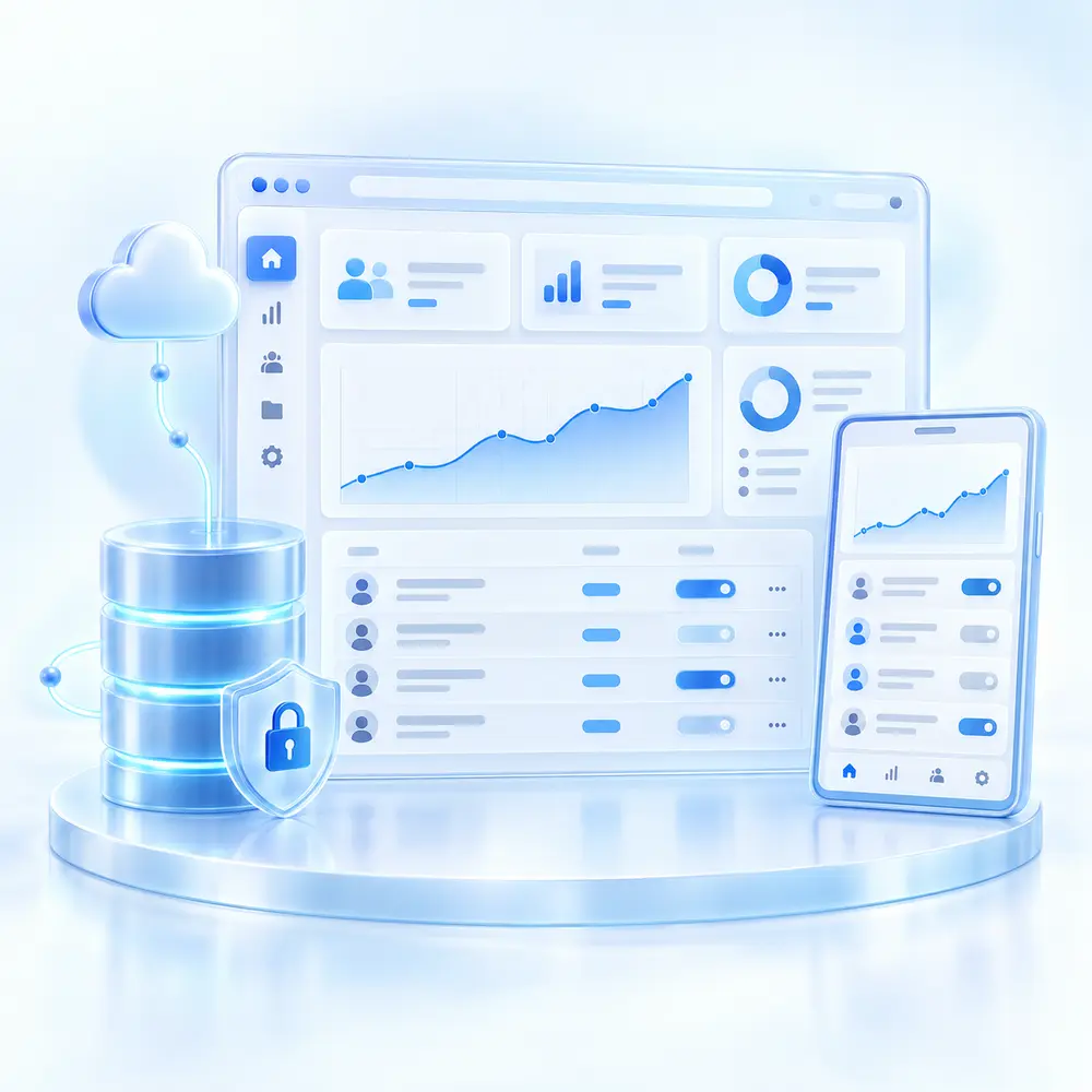 Glass admin dashboard with analytics database and access controls