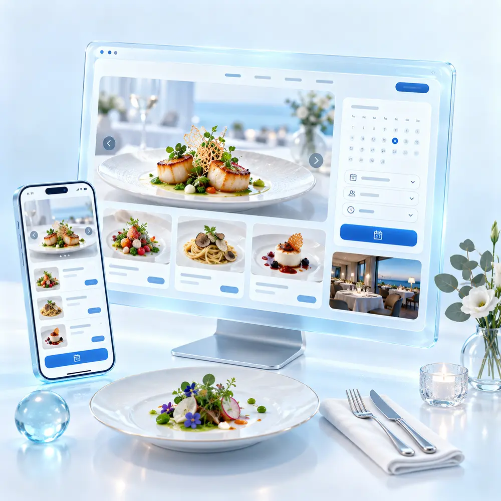 Glass restaurant website with digital menu and reservation interface