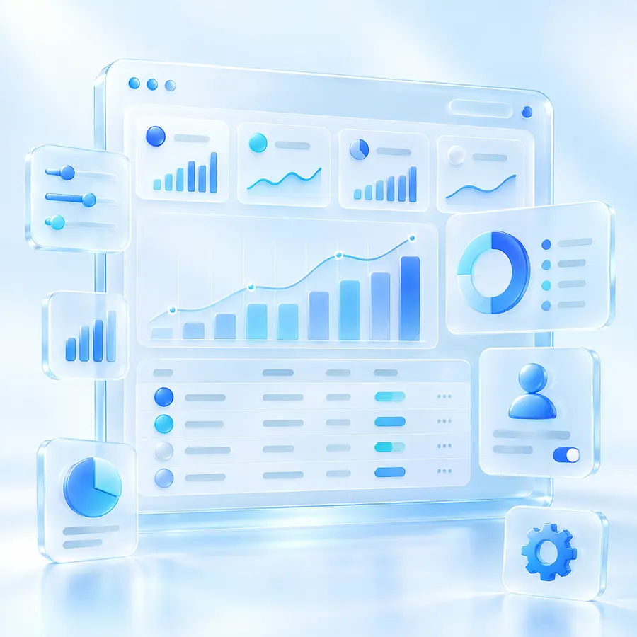 Glass admin dashboard with charts users and controls