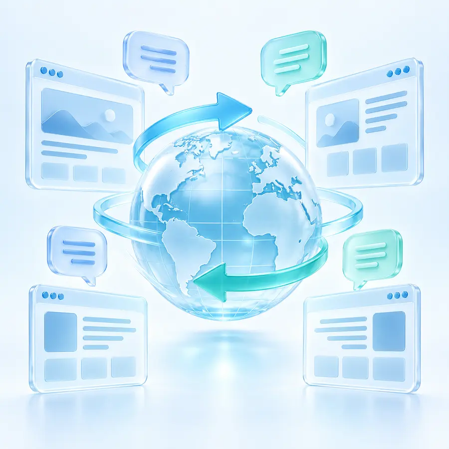Global multilingual websites connected around a glass globe